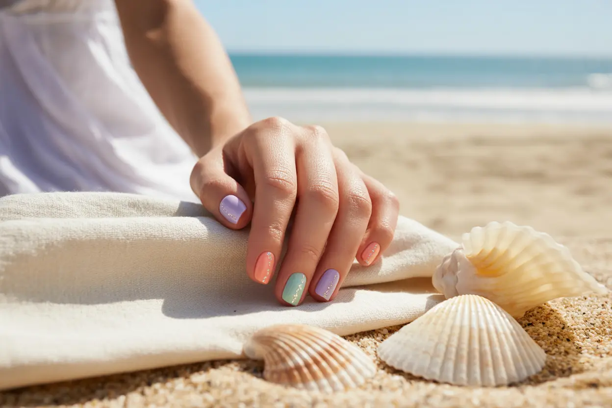 Woman's hand with summer nail designs resting on a beach towel, surrounded by seashells and sand, showcasing trendy pastel nails for moms in 2025