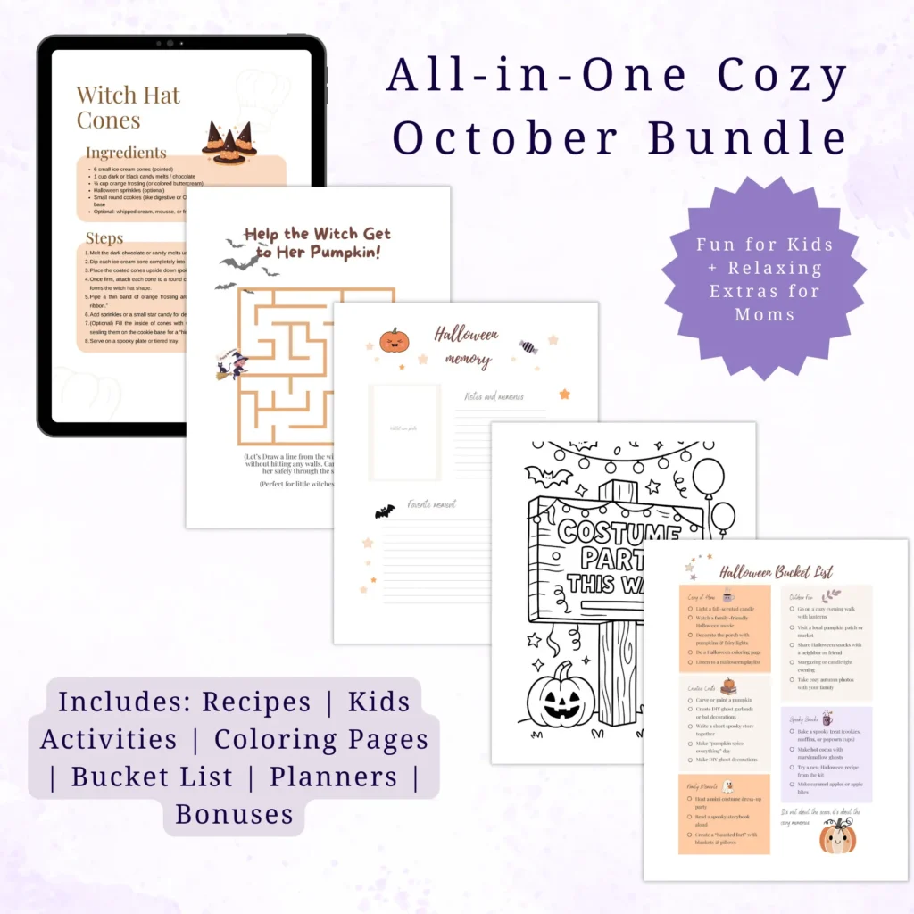 All-in-One Cozy October Bundle — 57-page Halloween printable kit with recipes, kids activities, coloring pages, bucket list, planners, and bonuses. Fun for kids and relaxing extras for moms, digital download