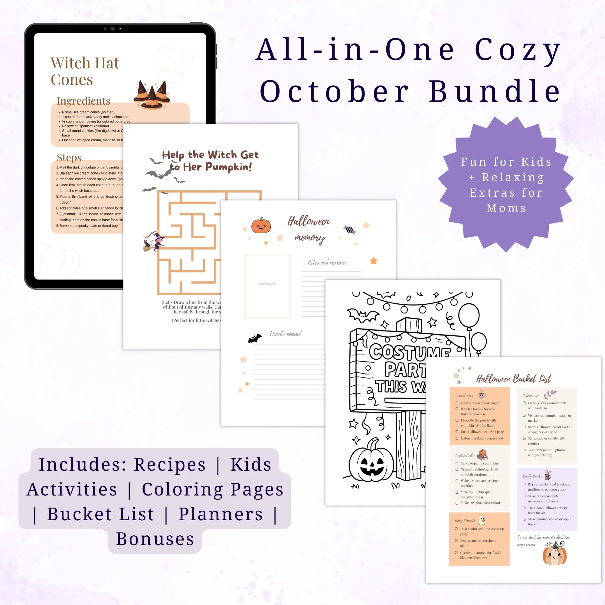 All-in-One Cozy October Bundle — 57-page Halloween printable kit with recipes, kids activities, coloring pages, bucket list, planners, and bonuses. Fun for kids and relaxing extras for moms, digital download