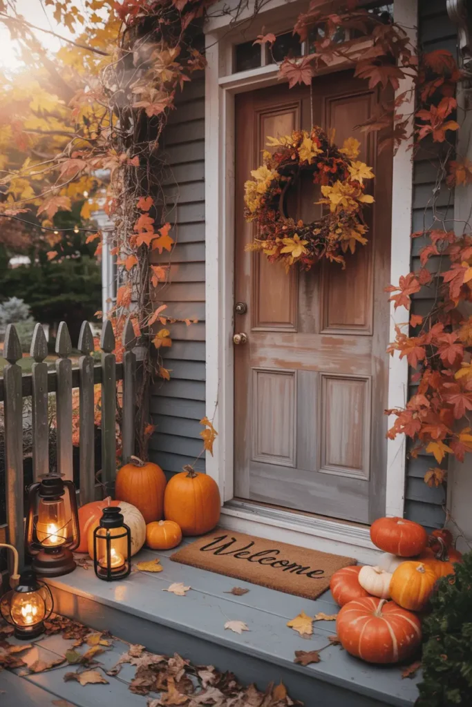 25 Fun Things to Do in October – Cozy Fall Vibes & Halloween Prep 5 "Cozy fall front porch decorated with pumpkins, autumn wreath, lanterns, and a welcome doormat – perfect fall decor inspiration