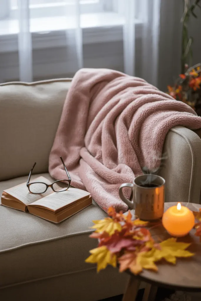 25 Fun Things to Do in October – Cozy Fall Vibes & Halloween Prep 2 Cozy autumn reading afternoon with an open book, pink blanket, steaming mug of tea, candlelight, and fall leaves