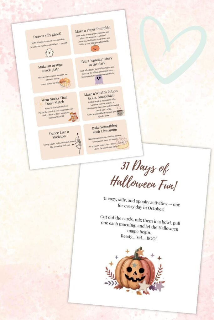 25 Fun Things to Do in October – Cozy Fall Vibes & Halloween Prep 3 Printable Halloween activity cards with 31 days of fun ideas, part of the Halloween Cozy Kit for October bucket list