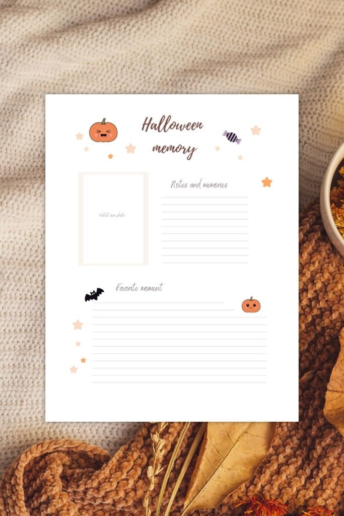 25 Fun Things to Do in October – Cozy Fall Vibes & Halloween Prep 6 Halloween memory page printable on cozy autumn background with blanket, leaves, and coffee – part of October activities to capture fall memories