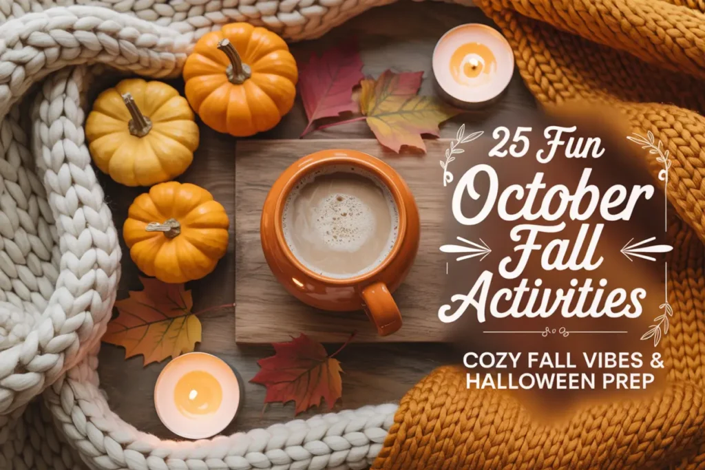Flatlay with pumpkins, cozy blanket, candles and a pumpkin latte, styled for Pinterest. Featured image for blog post about October fall activities, cozy fall vibes, and Halloween prep.