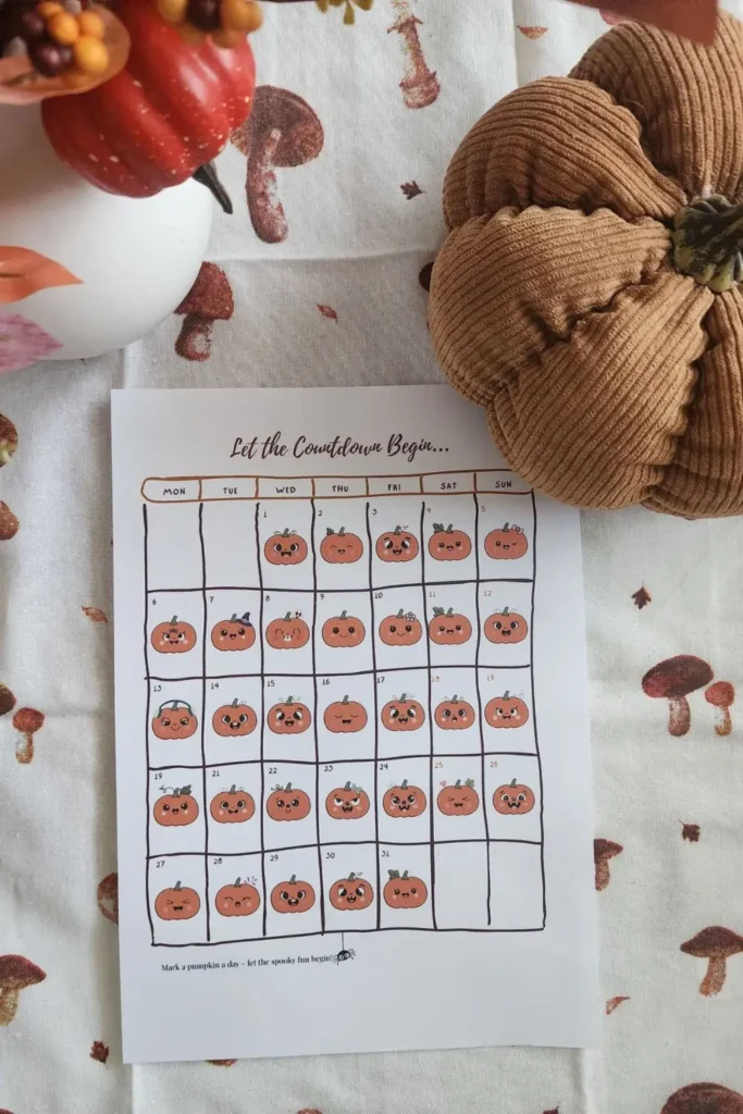 25 Fun Things to Do in October – Cozy Fall Vibes & Halloween Prep 1 Printable pumpkin countdown calendar for kids – one of the October fall activities for families.
