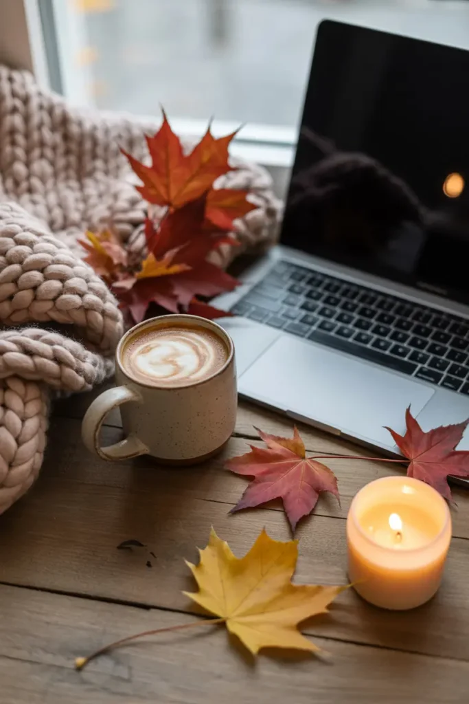 Fall Aesthetic Ideas: Cozy Vibes, Décor, and a Touch of Halloween Prep 3 Cozy fall aesthetic desk with laptop, coffee, candle, and autumn leaves – featured image for blog post Fall Aesthetic Ideas.