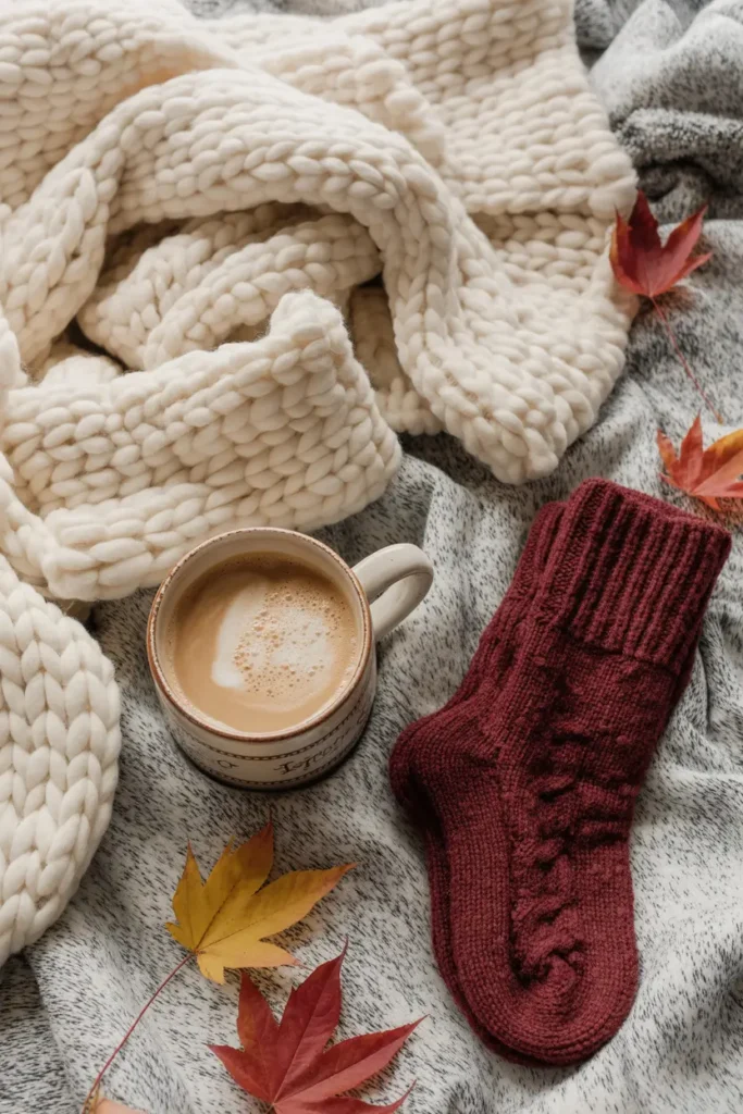 Fall Aesthetic Ideas: Cozy Vibes, Décor, and a Touch of Halloween Prep 2 Cozy fall wardrobe with sweater, socks, latte, and autumn leaves – cozy fall aesthetic ideas from lifestyle blog post.