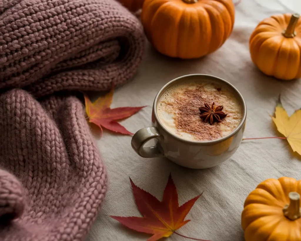 Flatlay with pumpkins, candles, cozy blanket, and latte – featured image for blog post about fall aesthetic ideas, cozy fall outfits, home décor, and autumn vibes.