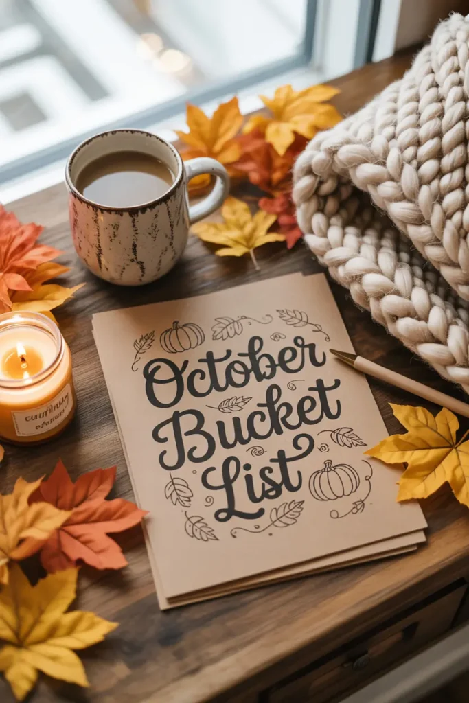 Fall Aesthetic Ideas: Cozy Vibes, Décor, and a Touch of Halloween Prep 4 October bucket list ideas with cozy fall aesthetic, kraft paper notebook, candles, autumn leaves, coffee and knitted blanket – perfect for cozy autumn vibes and fall aesthetic inspiration.