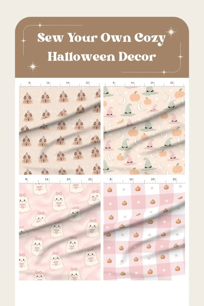 Pastel Halloween: Cute & Cozy Fabric Ideas for a Not-So-Spooky Season 2 Pastel Halloween fabrics displayed in a Pinterest collage with cute ghosts, pumpkins, gingham, and witch hat patterns. Text overlay reads “Sew Your Own Cozy Halloween Decor.” Perfect inspiration for pastel halloween sewing projects, DIY halloween decorations, and cozy sewing ideas.