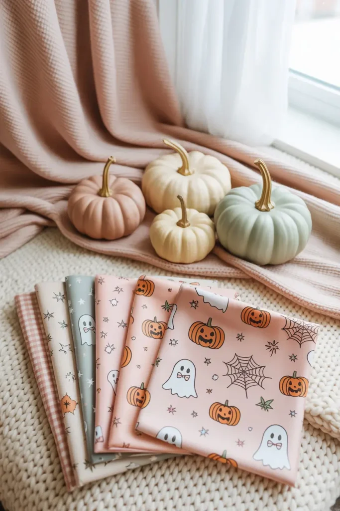 Pastel Halloween: Cute & Cozy Fabric Ideas for a Not-So-Spooky Season 1 Pastel Halloween fabric swatches with cute ghost, pumpkin, spiderweb, and gingham patterns styled with pastel pumpkins, blush throw blanket, and cozy knit texture. Perfect inspiration for pastel Halloween sewing projects, DIY halloween decorations, and cozy aesthetic home decor.