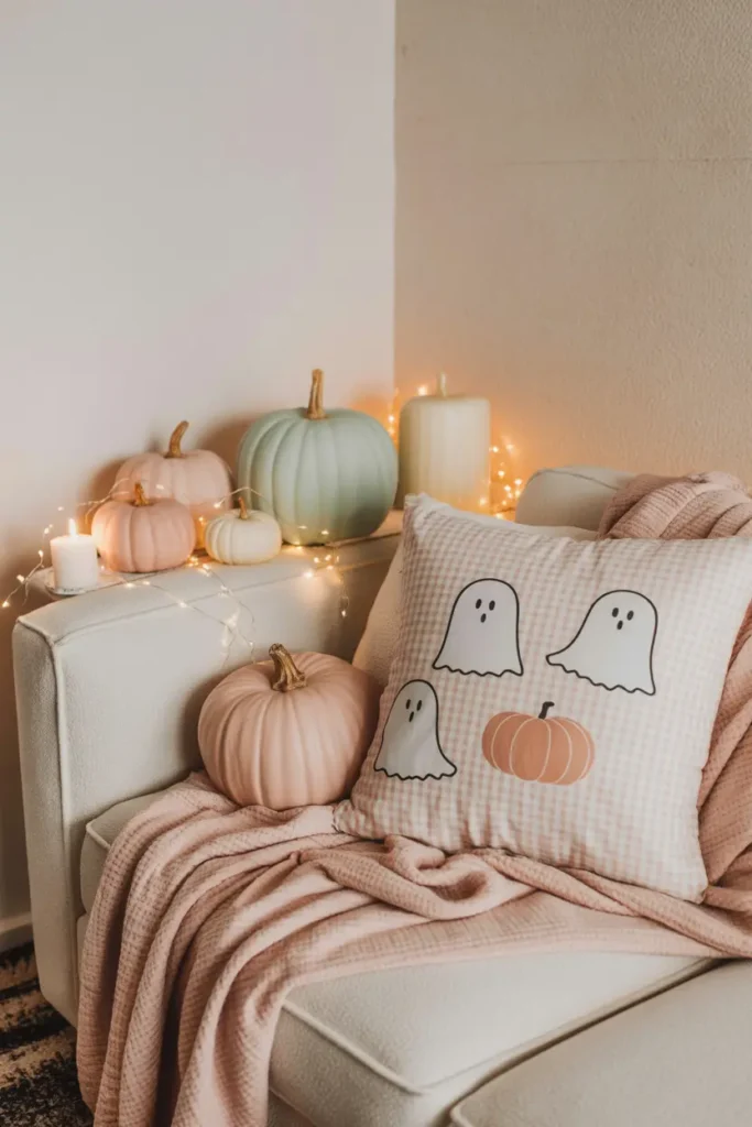 Pastel Halloween: Cute & Cozy Fabric Ideas for a Not-So-Spooky Season 4 A cozy pastel Halloween home corner styled with blush pink blanket, gingham ghost pillow, pastel pumpkins, and fairy lights for soft Halloween decor inspiration.
